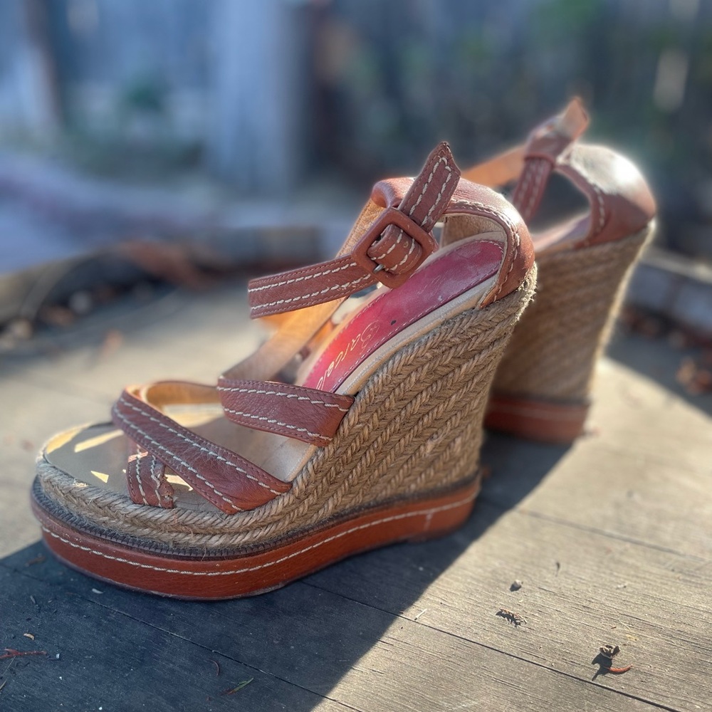 Paloma Barcelo Red & Tan Wicker 4” Wedges